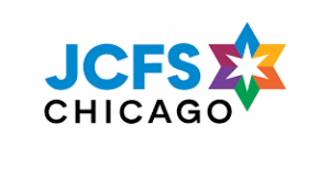 a logo with a rainbow Star of David, the words read “JCFS Chicago”