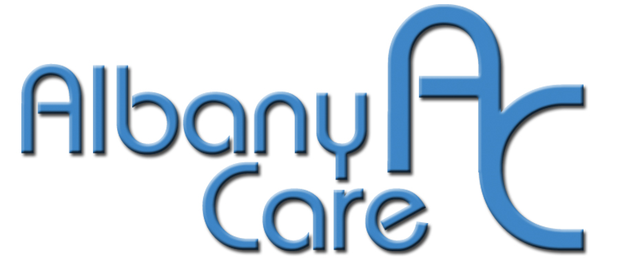 blue and white albany care logo