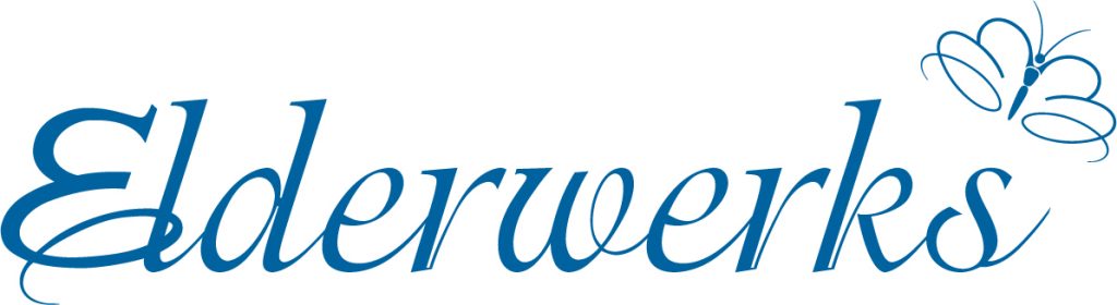 blue and white Elderwerks logo with a butterfly