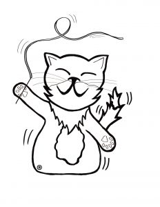 black and white illustration of a cat moving and holding a gymnastic ribbon wand.