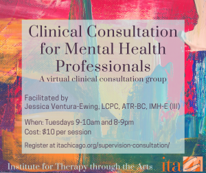 Colorful brush strokes. The overlaid text reads, "Clinical Consultation for Mental Health Professionals"