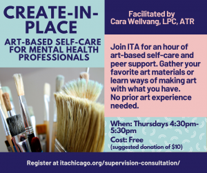 Pink and blue squares featuring a close up image of various sized paintbrushes. The text reads, "Create-in-Place, Art-Based Self-Care For Mental Health Professionals"