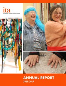 Cover of FY19 Annual Report featuring photos of women laughing, colorful fabric, and a child's hands drumming.