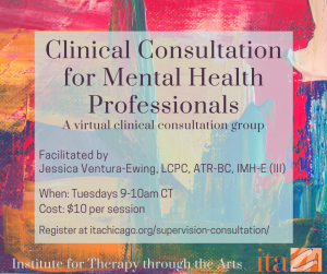 Colorful brush strokes, the text reads, "Clinical Consultation for Mental Health Professionals"