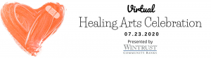 Orange painted heart with a bandaid on the right corner. Text reads, "Virtual Healing Arts Celebration 7.23.20. Presented by Wintrust Community Banks."