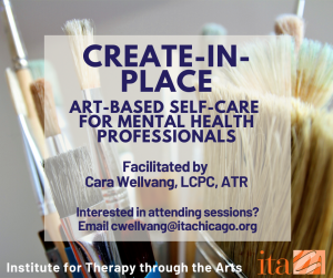 A close up photo of paintbrushes with an overlaid pink translucent square. The text reads, "Create-in-Place: Art-Based Self-Care for Mental Health Professionals"