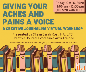 A graphic with hand drawn books lining the bottom edge. The text reads, "Giving Your Aches and Pains A Voice, A Creative Journaling Virtual Workshop"