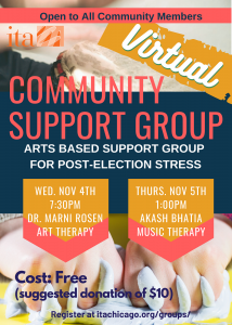 Hands making mixed media art. Text reads, "Virtual Community Support Group. Arts Based Support Group for Post-Election Stress."