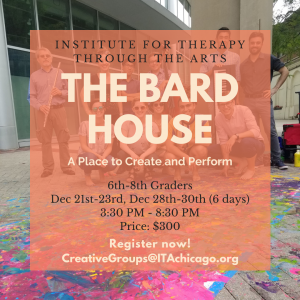 A group of people smiling and standing outside in front of a colorful canvas on the ground. Text reads, "The Bard House. A Place to Create and Perform."