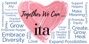 Orange painted heart with a surrounding word cloud of encouraging words. Main text reads, "Together We Can...".