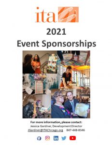Collage of images: ITA intern and guest talking at the 2018 fundraiser, close up of 3 people walking on a painted canvas, ITA intern arranging fabric on a table in a large room with floor to ceiling windows at the 2019 ITA conference, ITA music therapist and client at the 2019 fundraiser, ITA therapist and guest looking at art at the 2019 fundraiser, a placard and paper flowers sitting on a table.
