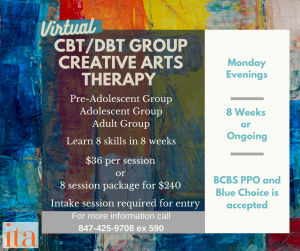 A colorful painting. Overlaid text reads, "Virtual CBT/DBT Group Creative Arts Therapy".