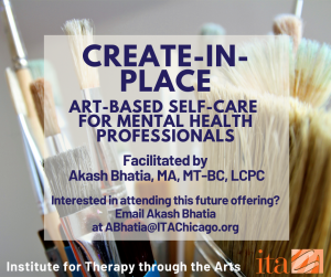 A close up photo of paintbrushes with an overlaid pink translucent square. The text reads, "Create-in-Place: Art-Based Self-Care for Mental Health Professionals"